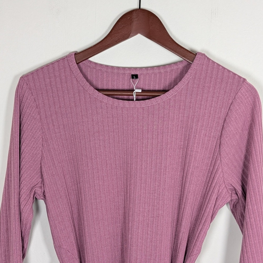 Newshows Womens Long Sleeve Ribbed Knit Tie Waist Dress Mauve Pink Large NEW